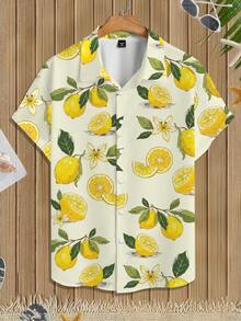Manfinity RSRT Áo sơ mi Hawaii nhiệt đới cỡ lớn dành cho nam - Họa tiết quả chanh mùa hè, bãi biển mùa hè, cổ áo cổ điển, áo sơ mi ngày lễ thường ngày - Nhiều màu - Xem 3