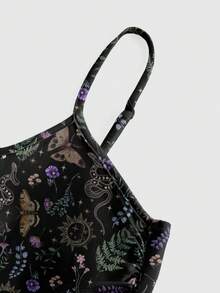 ROMWE Fairycore Gothic Botanical Butterfly & Moth, Sun & Moon Print Sexy Spaghetti Strap Dress, Plus Size For Beach Vacation - Black - View 3