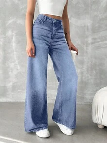 EURMUSE 100%Cotton Women'S High Waist Wide Leg Jeans With Diagonal Pockets - Blue - View 4