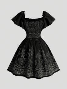 Sweetra Plus Size Square Neck Ruffle Sleeve Short Dress, Elegant Vintage Cute Faux Embroidery Pumpkin Brown Knee-Length A-Line Dress - Black - View 2