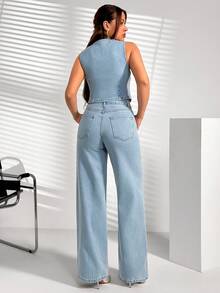 SHEIN 2 Pcs, Regular Fit Denim Vest & Wide Leg Jeans, Denim Set - Light Wash - View 2