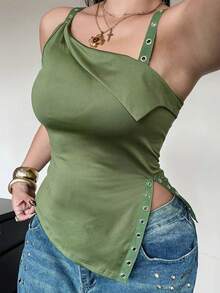 POPSWAY Women's Summer Metal Webbing Splice Decor Solid Color Hollow Asymmetric Hem Fitted Camisole, Fashionable Casual, Suitable For Music Festivals - Green - View 7