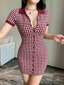 Joudiya Đầm dệt kim tay ngắn kẻ caro dáng suông dành cho nữ. - Đỏ - Xem 2