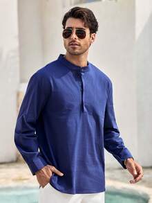 Mercer Haus Men's Vintage Coin Pattern Solid Color Roll-Up Sleeve Mandarin Collar Henley Shirt - Lightweight Breathable, Versatile Casual Style For All Seasons - Navy Blue - View 6