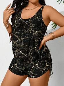 Swim Lushoire 2026 New Multicolor Pattern Black Plus Size Tankini Swimsuit For Beach Vacation - Multicolor - View 5