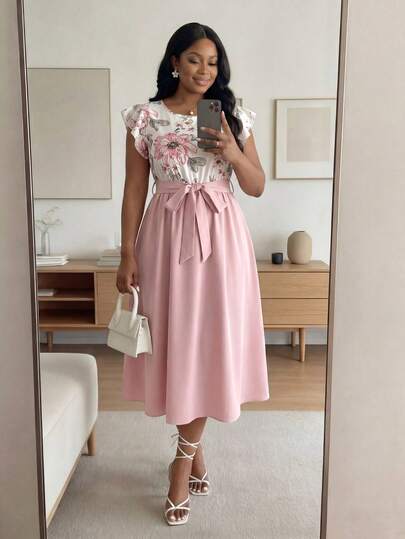 SHEIN Lady CURVE Đầm thanh lịch cổ tròn tay lỡ in hoa cỡ lớn cho nữ, kỳ nghỉ hè