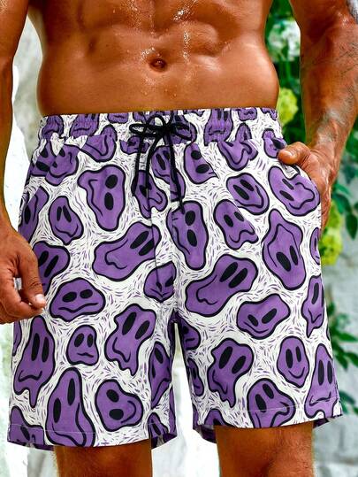 Manfinity Swimmode 男士卡通笑脸抽绳腰带口袋休闲沙滩短裤