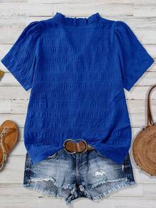 Linhara Plus Size Women's Solid Color Textured V-Neck Short Sleeve Casual Regular Blouse, Suitable For Going Out, Vacation, Club - Blue - View 2