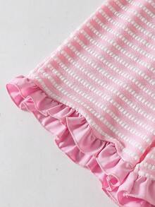 2pcs/Set Teenage Girls' Summer Striped Bow Tie Cropped Sleeveless Top + Frill Trim Shorts Set, Sweet & Spicy Style, Non-Fleece Design, Suitable For Parties And Summer Outings - Pink - View 5