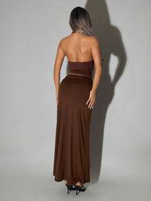 SHEIN ICON Elegant Girlisim Ribbon Metal Decor Extra Low Waist Skirt Golf Pastal Autumn - Brown - View 2