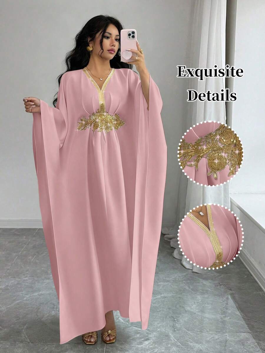 SHEIN Elenzya 金色滚边装饰,优雅收腰,舒适精致的中长连衣裙,女士款 - 粉色 - 查看 1