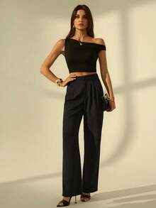 SHEIN Tall Solid High Rise Tailored Pants, Suitable For All Seasons - Black - View 6