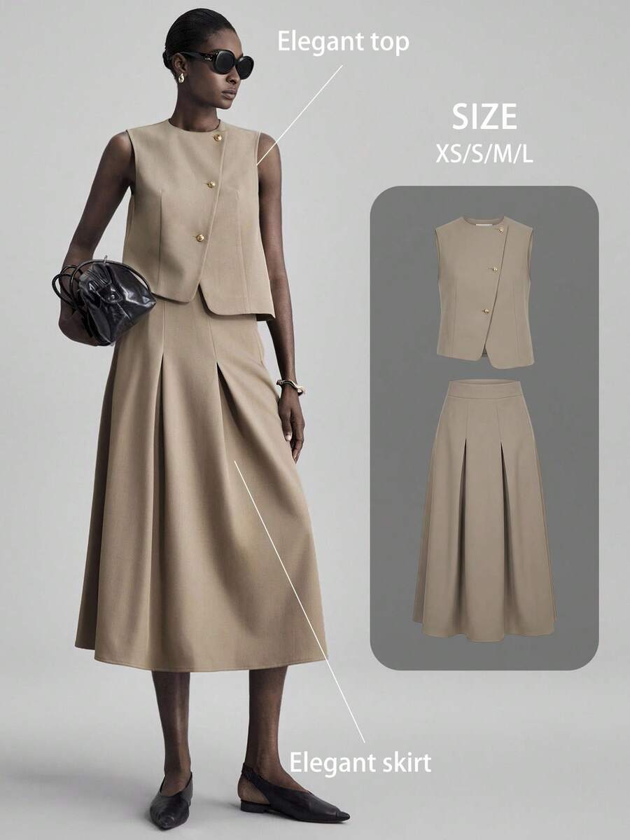 2026 Spring/Summer Women's Khaki Asymmetrical Cut Oblique Placket Metal Button Design Vest & Skirt Suit, Elegant For Party And Urban Commute