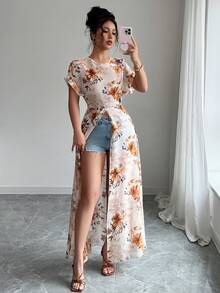 Selianne Áo sơ mi dài tay xẻ cao in hoa, phong cách thường ngày mùa hè. - Nhiều màu - Xem 6
