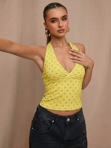 SHEIN BAE 黑色波点印花休闲露背上衣，适合早午餐、外出、约会、通勤、邮轮旅行、伊比沙岛度假等场合。 - 黃色 - 查看 7