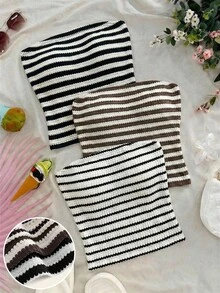 Soleia Bộ đồ đi nghỉ mát 3 món cỡ lớn, chất liệu vải kẻ sọc, thích hợp cho bãi biển. - Đen và trắng - Xem 1