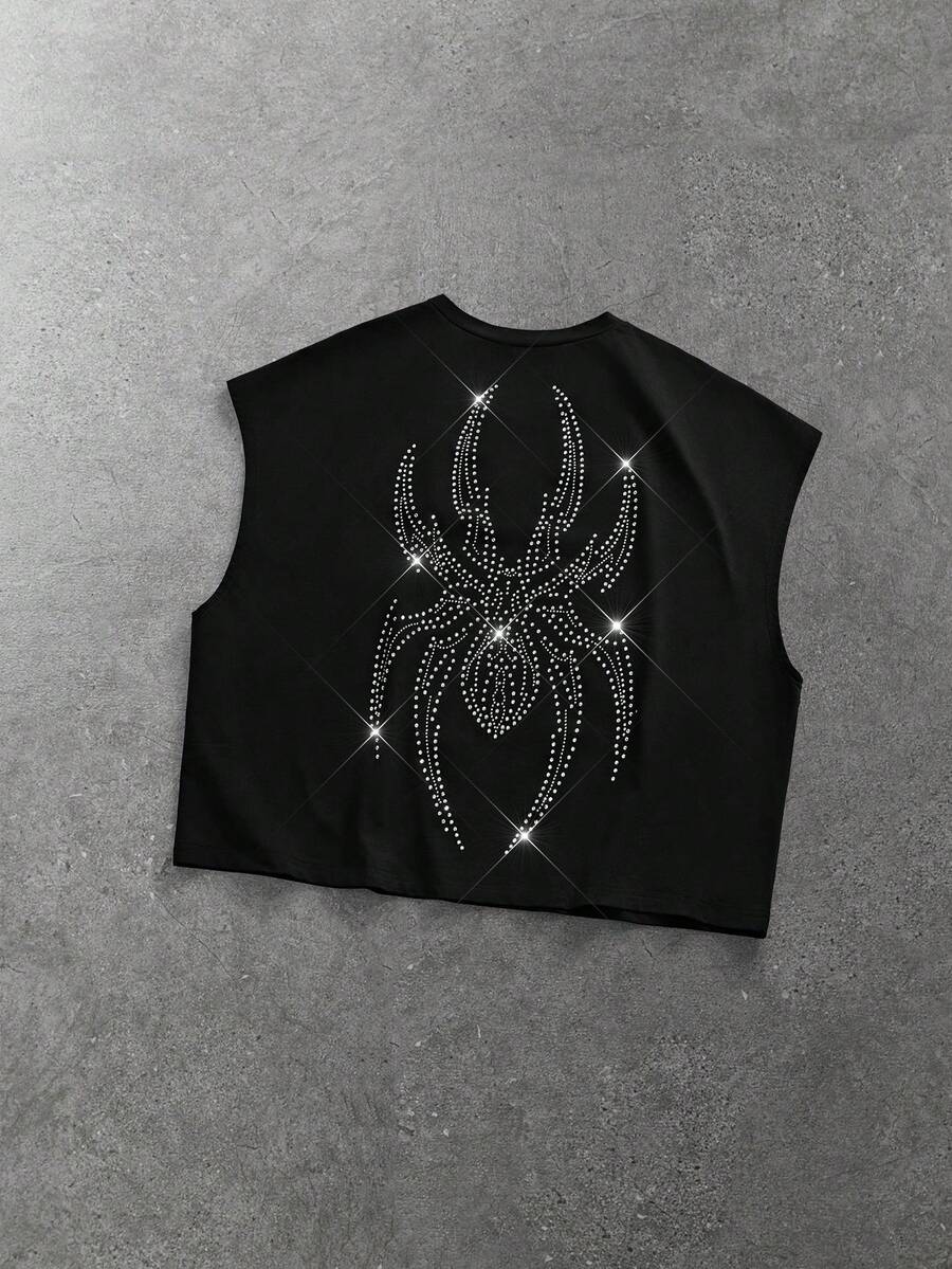 EASEVO Plus Size Men's Vintage Fashion Street Style Rhinestone Embellished Tank Top, Suitable For Commuting - Black - View 1