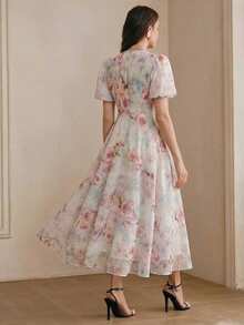 Anewsta 女士长款连衣裙，深V领，正面镂空花瓣装饰，泡泡袖，收腰，喇叭裙摆，雪纺印花优雅度假连衣裙 - 白色 - 查看 2