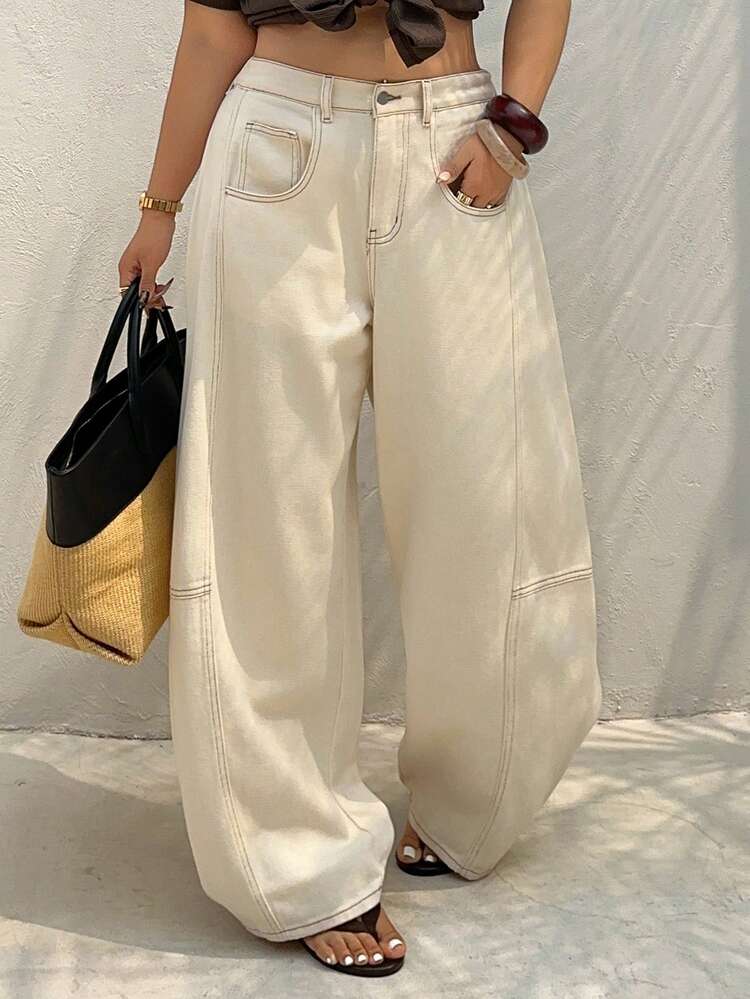 Dazy Plus Plus Size Women's Casual Street Style Patchwork Straight Leg Jeans, White Denim, Spring/Summer Vacation