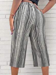 Maweii 大码女式腰带条纹口袋阔腿七分裤 - 黑色 - 查看 2