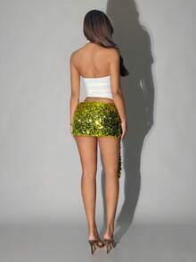 SHEIN ICON Women's Fashionable Sexy Sequin Ribbon Mini Skirt, Summer - Green - View 2