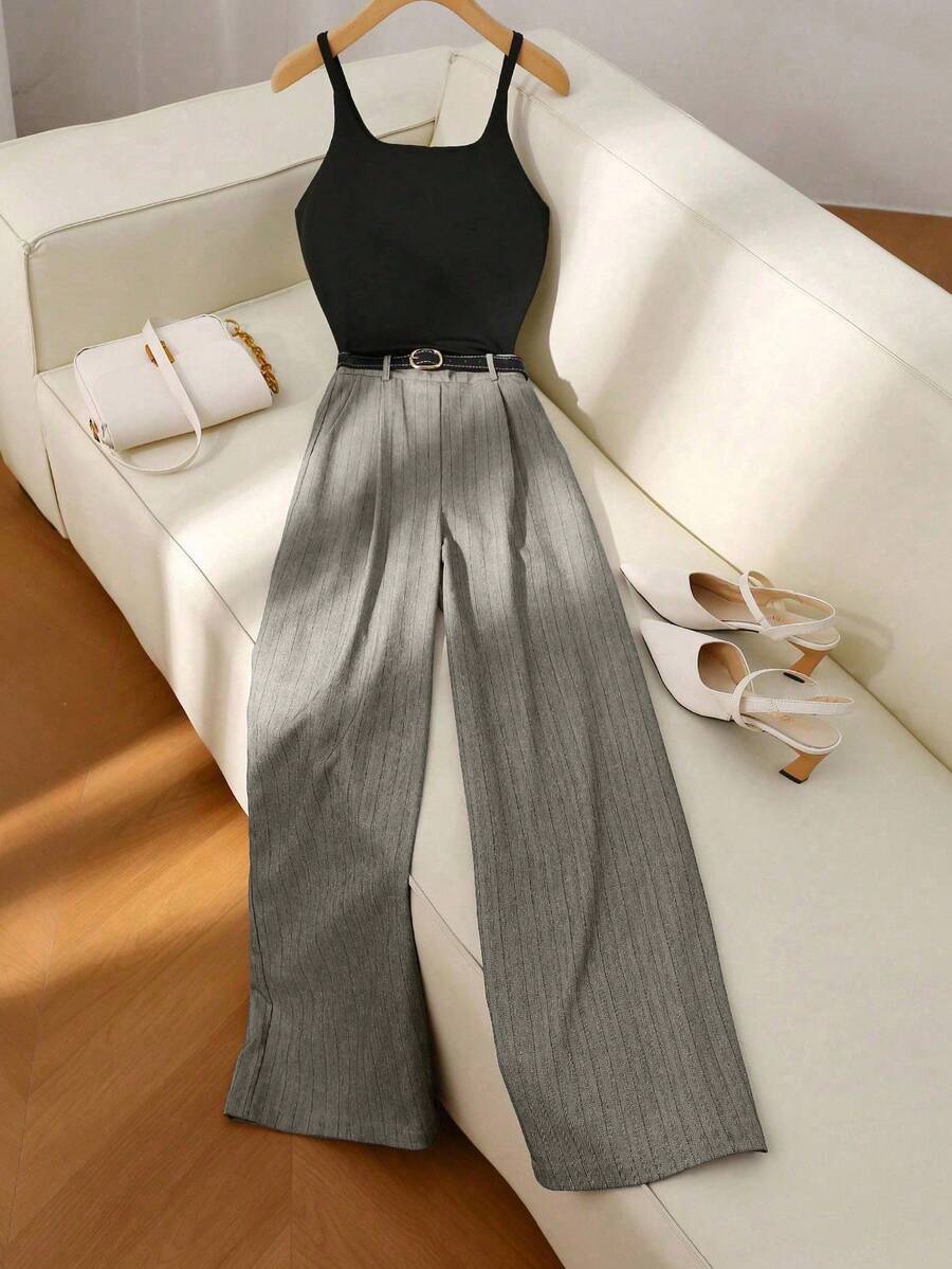 Franclia Áo tank top nữ kiểu dáng thường ngày, quần ống đứng kẻ sọc nữ kiểu dáng thường ngày. - Xám - Xem 1