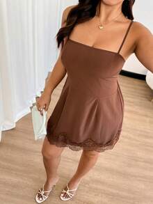 Easura Plus Size Women's Spaghetti Strap Cropped Contrast Lace Dress, Brown, Elegant & Fashionable For Dates And Outings, Versatile - Coffee Brown - View 4