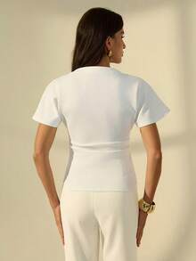 SHEIN Tall Áo thun nữ cổ tròn xếp ly thanh lịch, phù hợp cho mọi mùa. - trắng - Xem 2