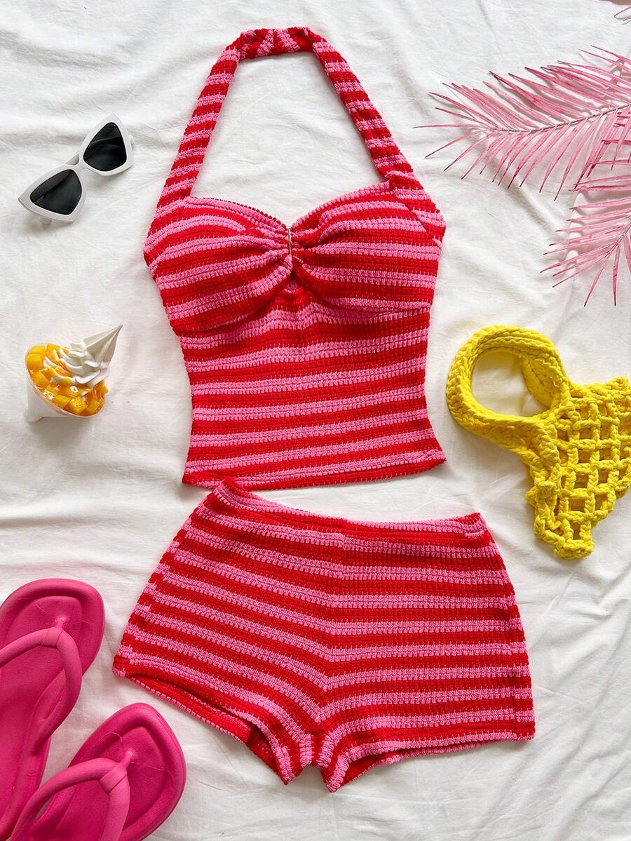 SHEIN WYWH Conjunto casual de 2 piezas de top halter con volantes a rayas y shorts para mujer - Multicolor - Ver 1