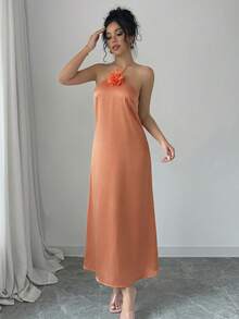 Selianne 优雅露背3D花卉装饰缎面收腰连衣裙长款女装 - 三文魚色 - 查看 4