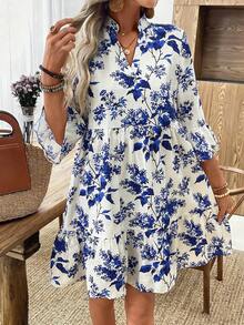 SHEIN LUNE 女士夏季白色底蓝白花卉印花立领七分袖蛋糕裙 - 藍色 - 查看 6