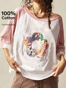 Bohemela Áo thun tay ngắn in họa tiết chấm bi khối màu giản dị dáng rộng cỡ lớn - Nhiều màu - Xem 1