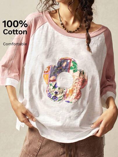 Bohemela 休闲针织拼色波尔卡圆点印花宽松大码短袖T恤