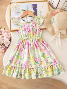 SHEIN Elladie kids 少女夏季碎花圆领喇叭袖露背蝴蝶结腰带荷叶边下摆休闲优雅连衣裙，适合休闲、度假、旅行、田园风格 - 彩色 - 查看 12