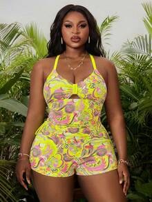 Swim Lushoire Plus Size Full Print Hollow Out Halter Top And Shorts Casual Vacation Tankini Set - Yellow - View 2