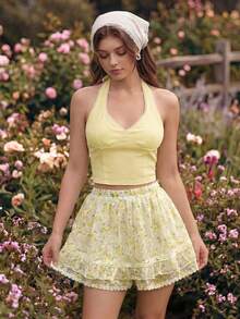ROMWE Hippie Shorts de Cintura Baixa com Babado e Renda Floral Estilo Campestre para Mulheres - Malva - Visão 7