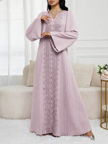 Al Najma Women's Elegant Solid Color 3D Lace Print Asymmetric Collar Flare Sleeve Arabic Style Dress - Dusty Purple - View 3