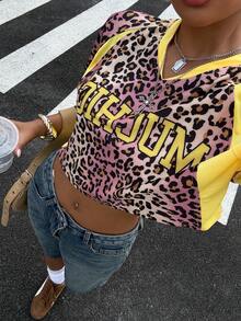 Blusa corta de verano para mujer con cuello en V y contraste de color con estampado de letras, suéter de punto de manga raglán con estampado en inglés amarillo, estilo deportivo - Multicolor 4 - Ver 2