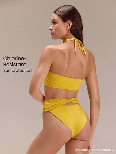 GLOWMODE Solar Glow 抗氯防晒高腰后背蝴蝶结腰部设计抗菌内衬金属光泽比基尼泳裤，适合游泳、沙滩、泳池、度假、夏季穿着