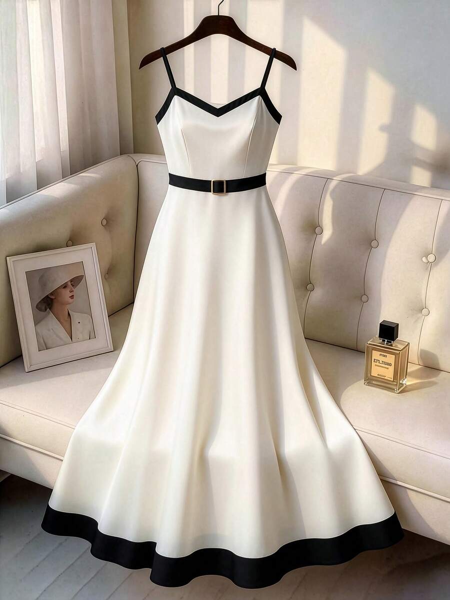 GlowEve CURVE Plus Size Women Spring/Summer Fashion Elegant Contrast Color Spaghetti Strap A-Line Dress Gym Brown - Apricot - View 1