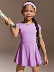 Đầm thể thao và dạo chơi cho bé gái, đầm tennis, đầm cầu lông, tay ngắn, chất liệu co giãn cao, mềm mại và thoải mái, áo liền quần tay ngắn màu tím co giãn dành cho bé gái, áo liền quần tập nhảy, tay lửng ôm sát, váy ngắn suông tự nhiên, quần short bên trong, áo liền quần thể thao. - Màu Lilac Tím - Xem 7