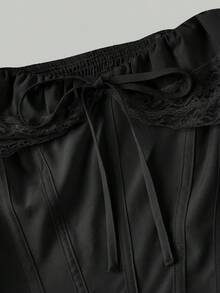 SHEIN MOD 女士单肩蕾丝拼接粉色浪漫连衣裙 - 黑色 - 查看 9