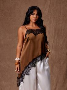 Rustia Plus Size Elegant Sexy Lace Trim Sheer Satin Asymmetric Hem Camisole Top, Vintage Style For Vacation, Date, Party - Brown - View 5
