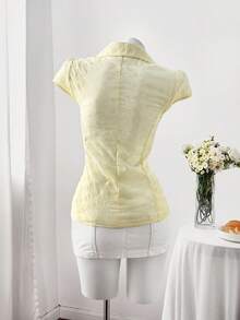 Sweetra Plus Size Fashion Versatile Single-Breasted Embroidered Polo Collar Slim Fit Shirt - Yellow - View 2