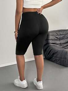 SHEIN PETITE CURVE 大码女式纯色褶皱休闲基础款打底裤，适合夏季穿着，中长款，适合娇小身材，高腰设计，休闲、运动、夏季穿搭、嘉年华服装、节日盛装 - 黑色 - 查看 2