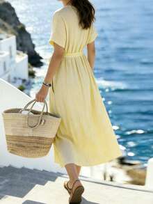 Breezaya 2026 New Arrival Striped Maxi Dress - Crew Neck Short Sleeve Drop Shoulder Loose Fit With Belted Bow Detail Asymmetric Hem, Casual Office Minimalist Vacation Style, Dopamine Color, Ice Blue, Effortless Chic, Stripe 2026 Summer Dress Women Yellow Striped Dress Women Resort Wear Women Vacation Dress Vacation Dress Yellow Summer Dress Women - Light Yellow - View 2