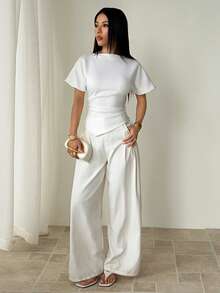 SHEIN PETITE Áo thun nữ cổ tròn xếp ly thanh lịch, phù hợp cho mọi mùa. - trắng - Xem 6