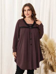 Lacomfia Women's Loose Lace Patchwork Long Tunic T-Shirt, Flattering, Casual, Versatile, Plus Size - Red - View 3