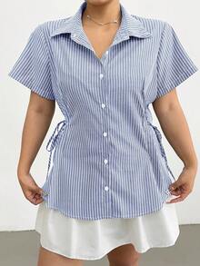 POPSWAY Blusa holgada de manga corta a rayas con cintura ceñida para mujer de talla grande - Multicolor - Ver 1