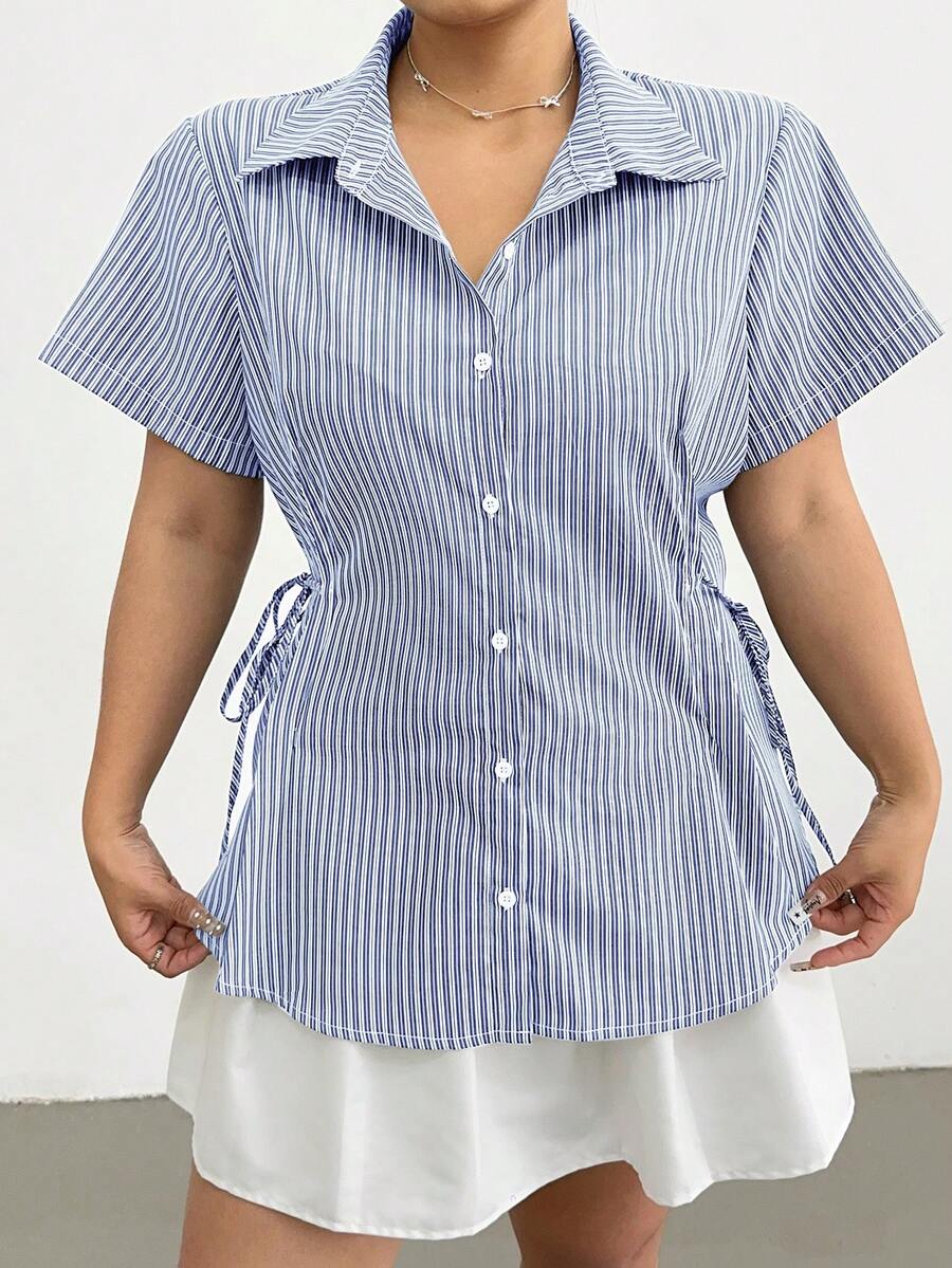 POPSWAY Blusa holgada de manga corta a rayas con cintura ceñida para mujer de talla grande - Multicolor - Ver 1